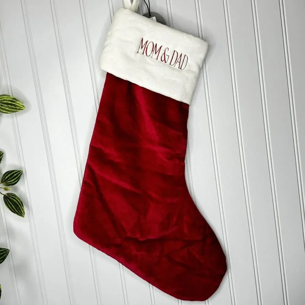 West Elm MOM & DAD Classic Red White Velvet Christmas Stocking Mono NWOT
